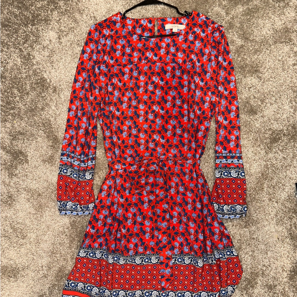 LOFT Vibrant Red and Blue Floral Dress